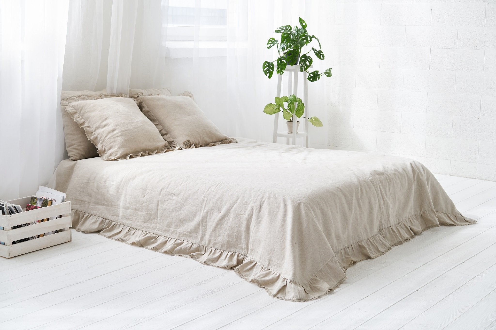 Natural Linen Bedspread With Ruffles and Linen Lace