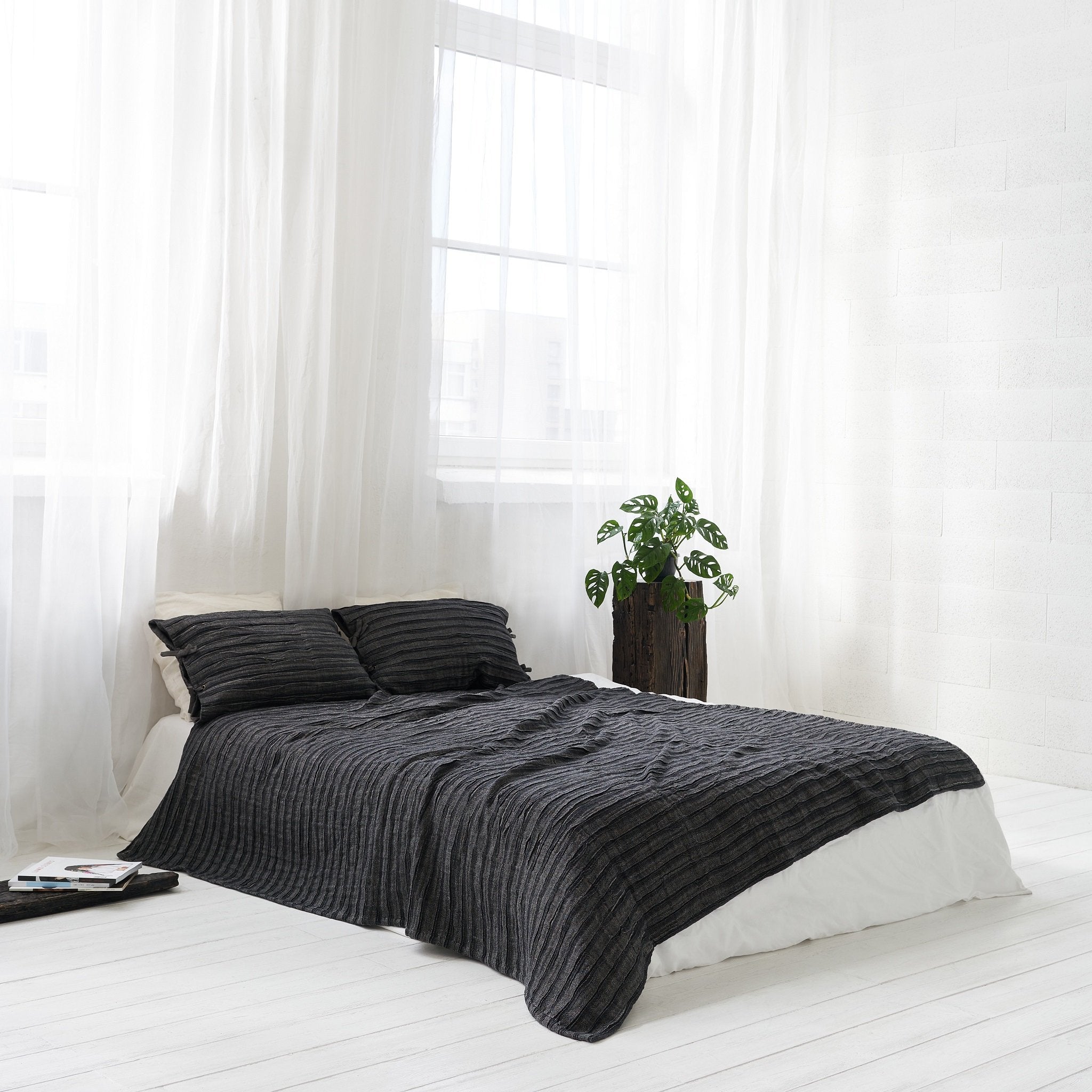 Linen Bedspread In Black from unique weaved Soft Black Plisse Linen Fabric