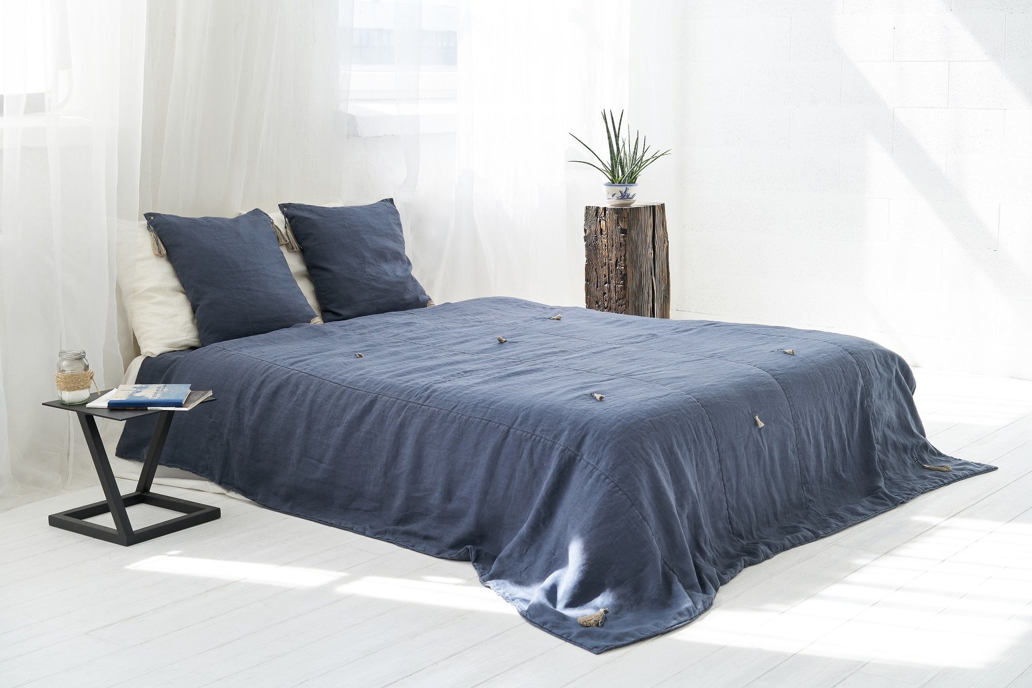 Double, Quilted, Stone Washed Linen Bed Spread Cover In Denim Blue
