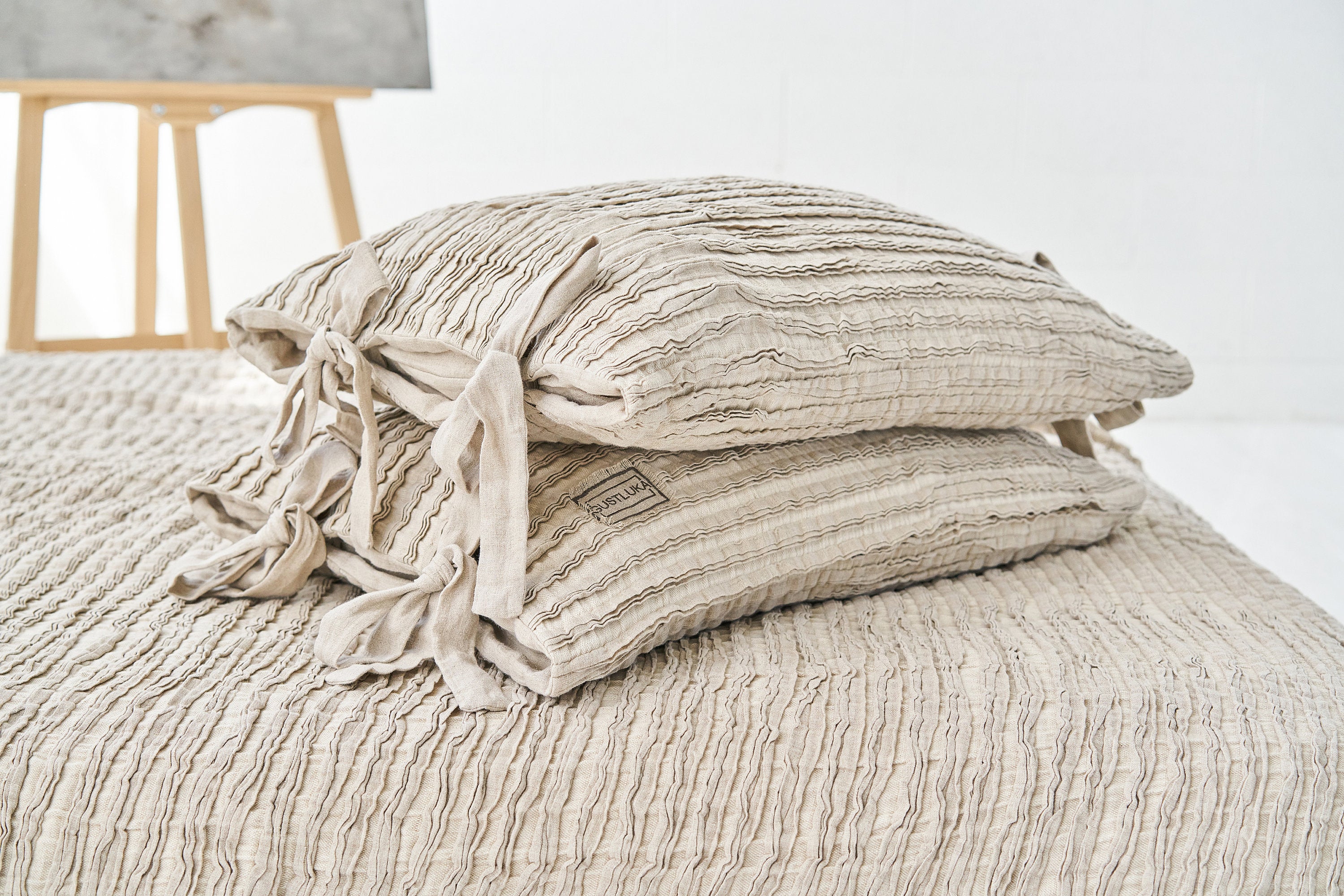 Decorative Natural Beige Linen Pillow Case Cover, Quality Linen Pillow Cover, Softened StoneWashed Linen Pillowcase With Decorative Bow Ties from  collection by LinenStudioByGustluka