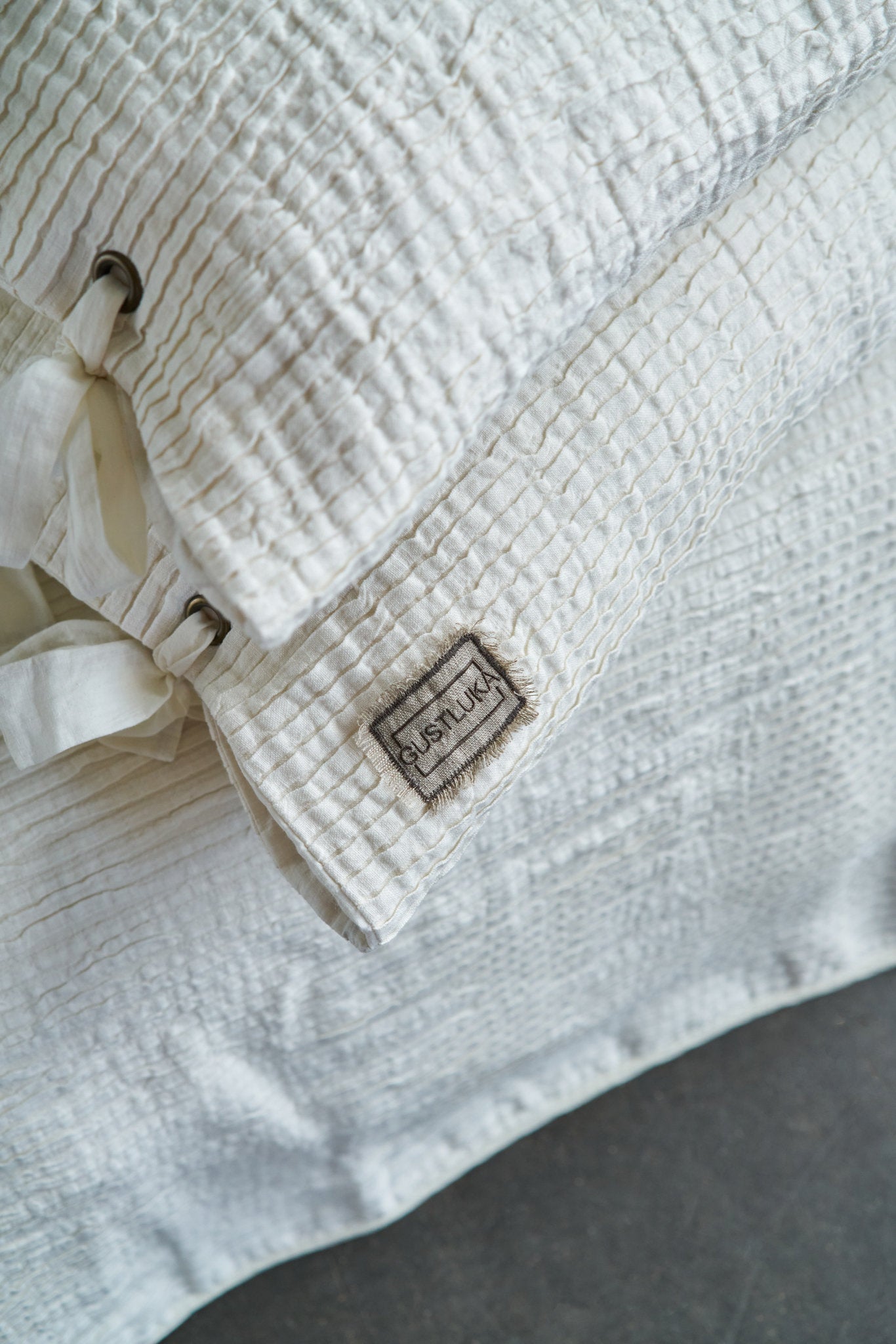Decorative Linen Plisse Pillowcase In White, White Pure Stone Washed Linen Pillow Sham With Ties, Luxury White Bow Tie Pillow Cover from  collection by LinenStudioByGustluka