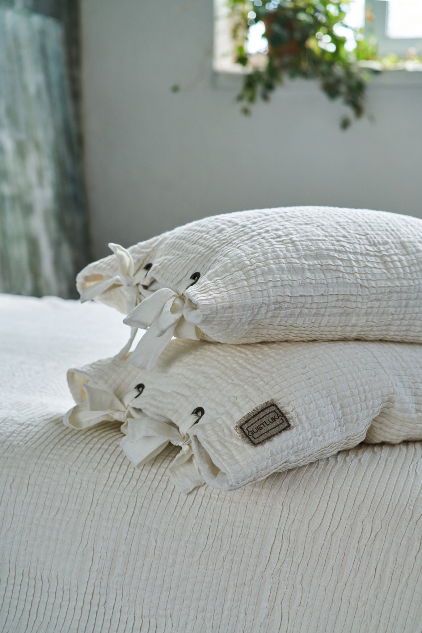 Decorative Linen Plisse Pillowcase In White, White Pure Stone Washed Linen Pillow Sham With Ties, Luxury White Bow Tie Pillow Cover from  collection by LinenStudioByGustluka