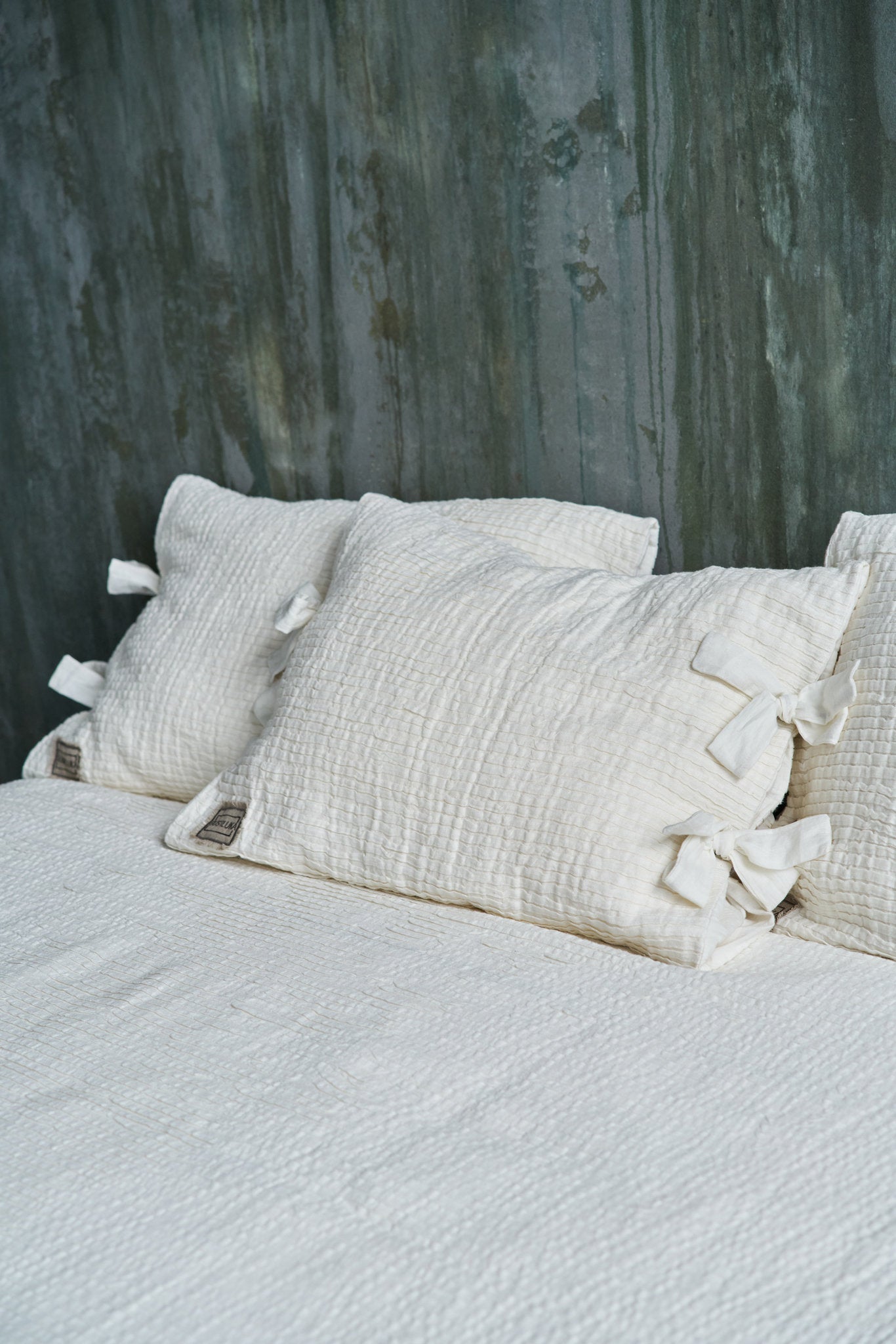 Decorative Linen Plisse Pillowcase In White, White Pure Stone Washed Linen Pillow Sham With Ties, Luxury White Bow Tie Pillow Cover from  collection by LinenStudioByGustluka