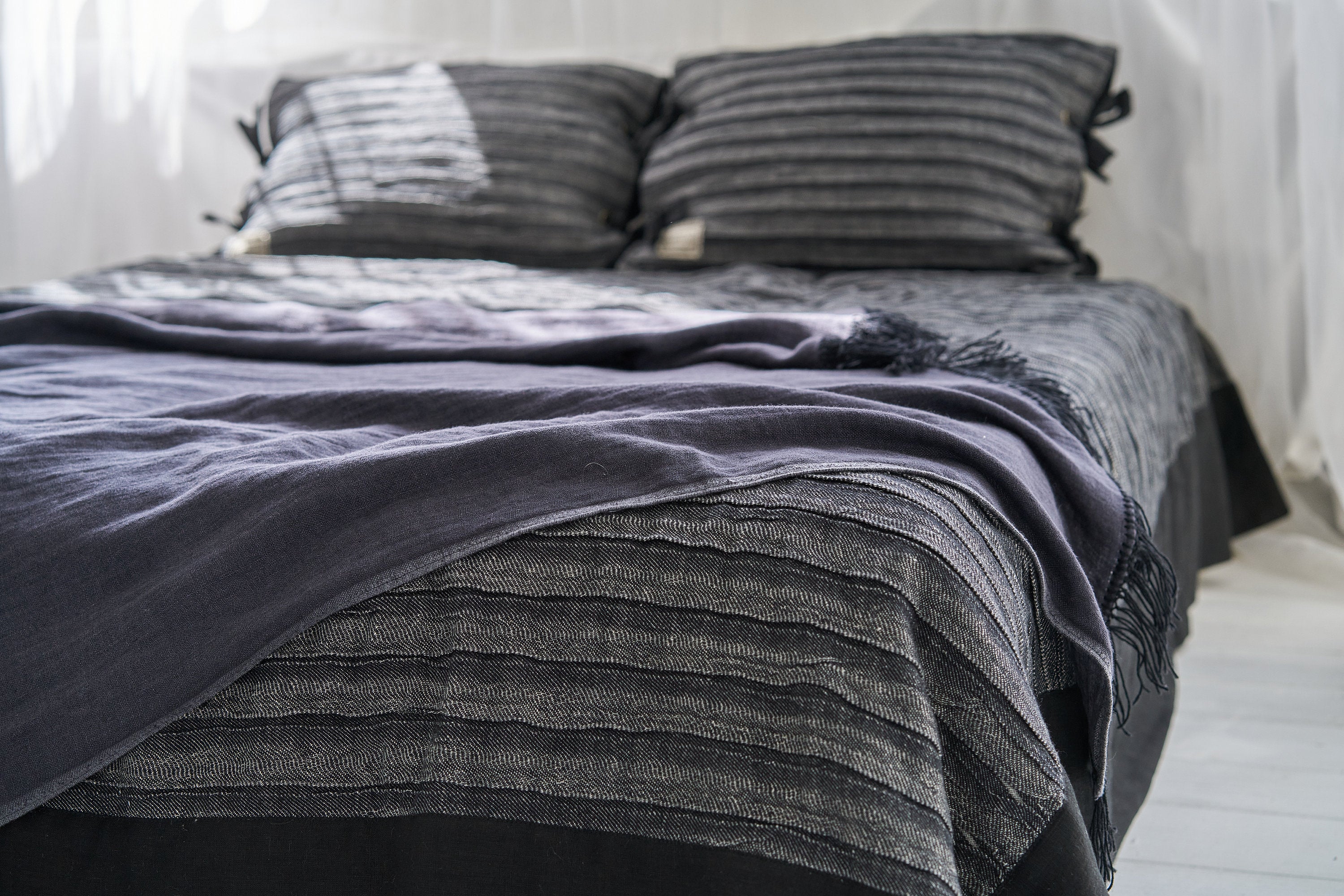 Linen/Wool Warm Throw Blanket in Black