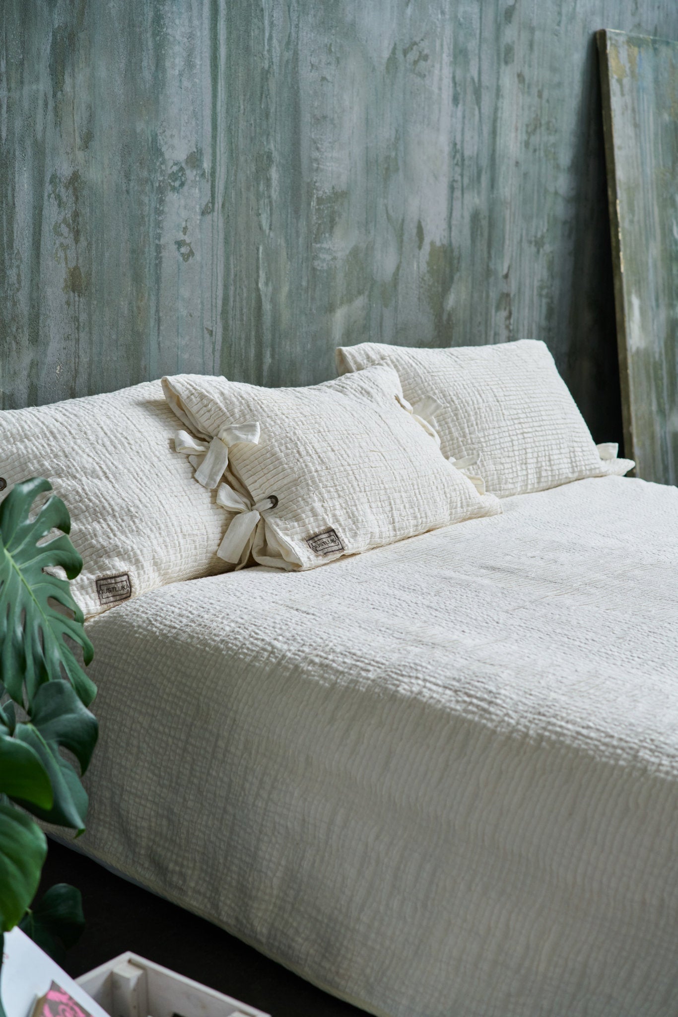 White linen bedspread, premium quality from unique weaved soft white plisse linen fabric