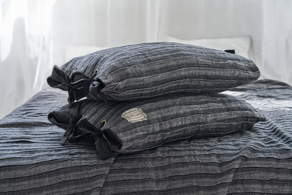 Decorative Black Linen Pillow Case Cover, Luxury Black Linen Pillowcase, Super Soft Softened Linen Pillowcase Bedding In Black With Bow Ties from  collection by LinenStudioByGustluka