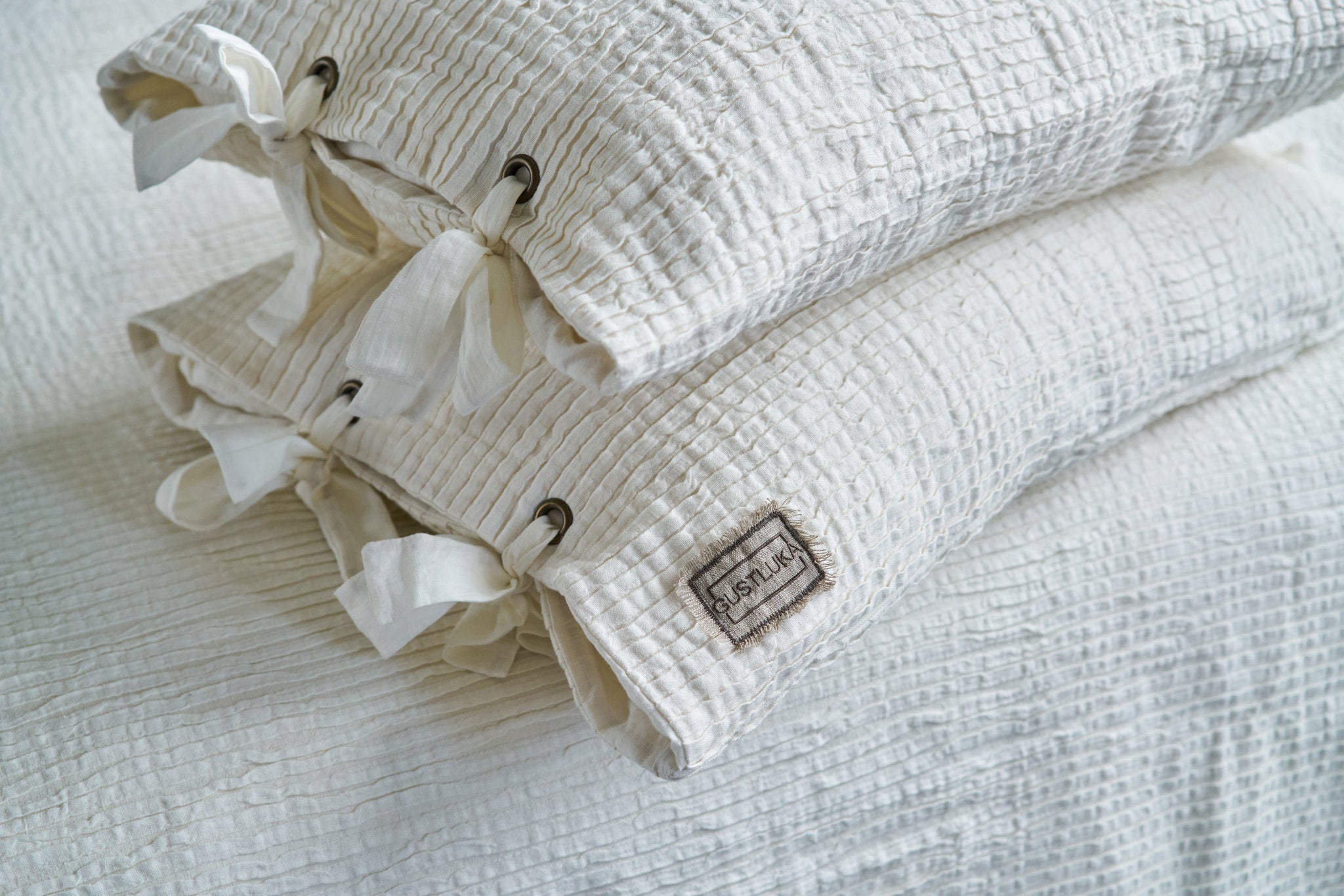 Decorative Linen Plisse Pillowcase In White, White Pure Stone Washed Linen Pillow Sham With Ties, Luxury White Bow Tie Pillow Cover from  collection by LinenStudioByGustluka