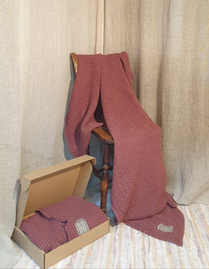 Natural Waffle Linen Throw Blanket In Red